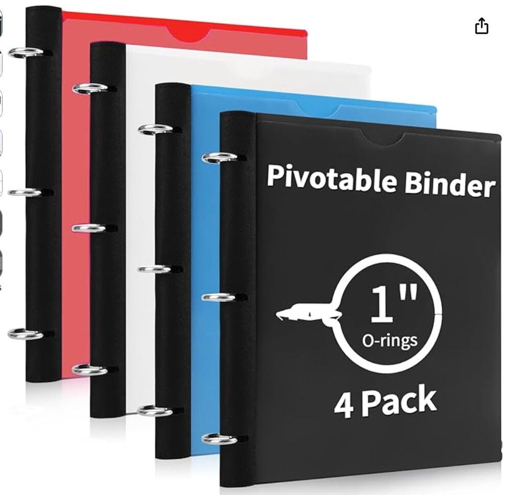 4 Pack 360 Degree 3-Ring Pivotable Flexible Binders- Black, White, Blue, Red